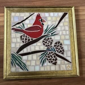 Tile Mosaic Hand Crafted Wall Art Cardinal Bird Branch Leafs Gold Framed Art